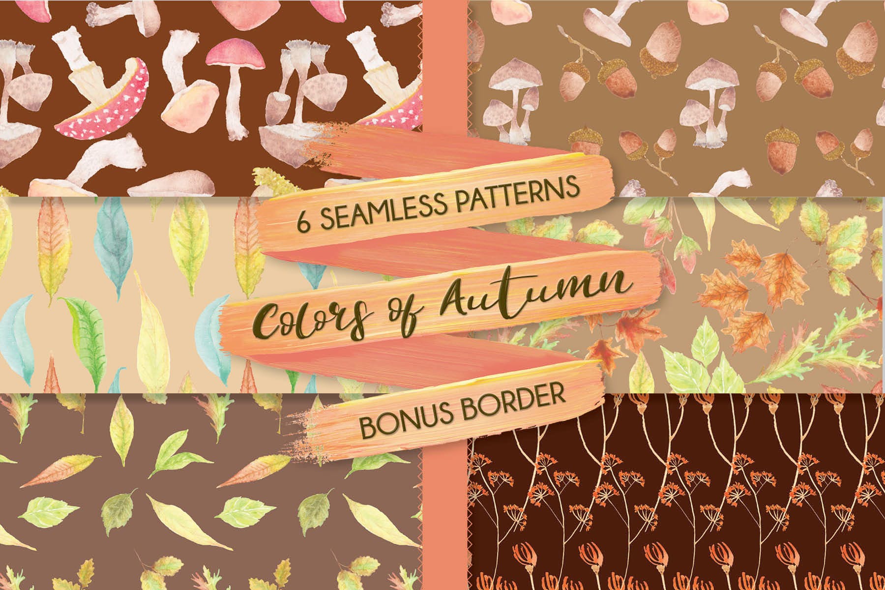 秋天色调水彩图案 Watercolor Patterns in Autumn Shades 图片素材 第1张