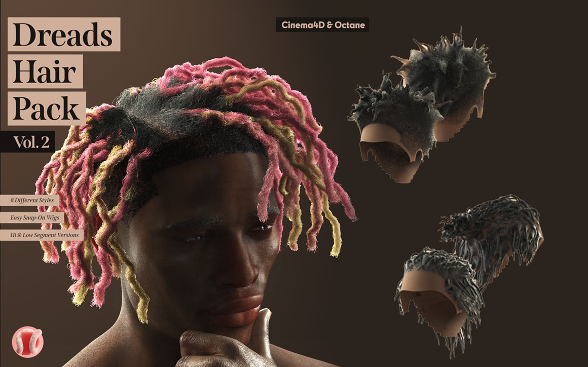 C4D模型：8种嘻哈风格逼真男士头发发辫脏辫发型3D模型材质包 设计素材 第1张