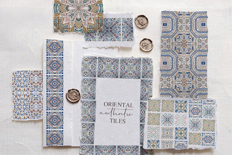 东方正宗瓷砖水彩图案套装 Oriental authentic tiles – watercolor set 图片素材 第1张