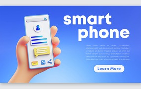 3D渲染可爱的手持手机蓝色背景 Cute Hand 3D Rendering Holding Phone Blue