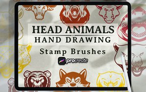 动物头像手绘印章Procreate笔刷素材 Animal Head Hand Drawing Brush Stamp
