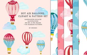 热气球剪贴画和图案集 Hot Air Balloons clipart & pattern set