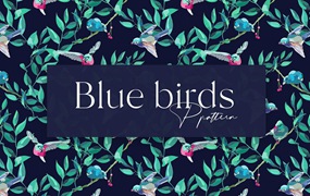 蓝鸟绿叶无缝图案设计素材 Blue Birds Seamless Pattern Design