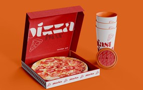 披萨盒与纸杯品牌设计样机图 Pizza Box with Cardboard Cup Mockup