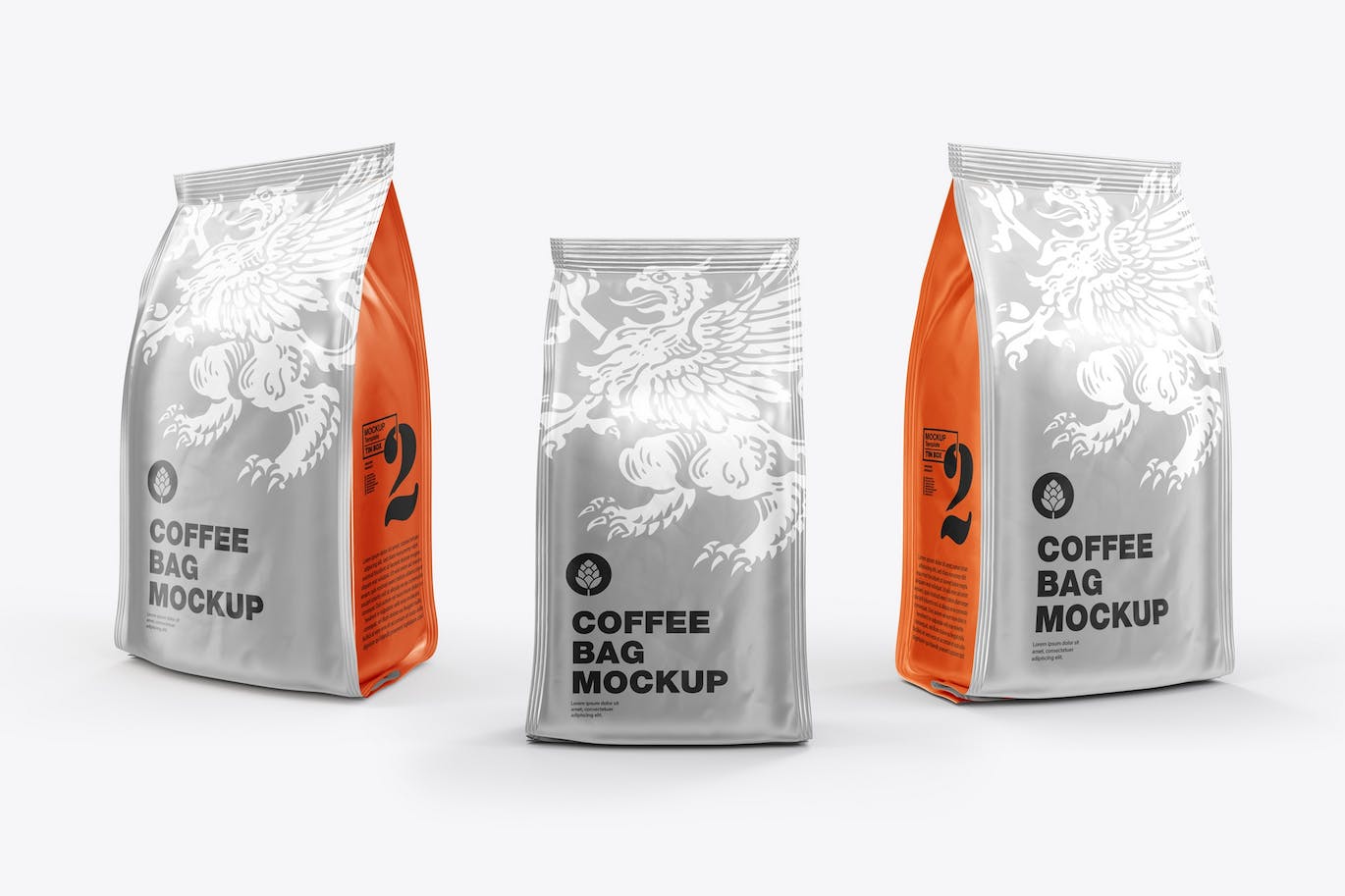 3个箔纸金属咖啡袋包装设计样机图psd模板 Set 3 Metallic Coffee Bags Mockup 样机素材 第1张