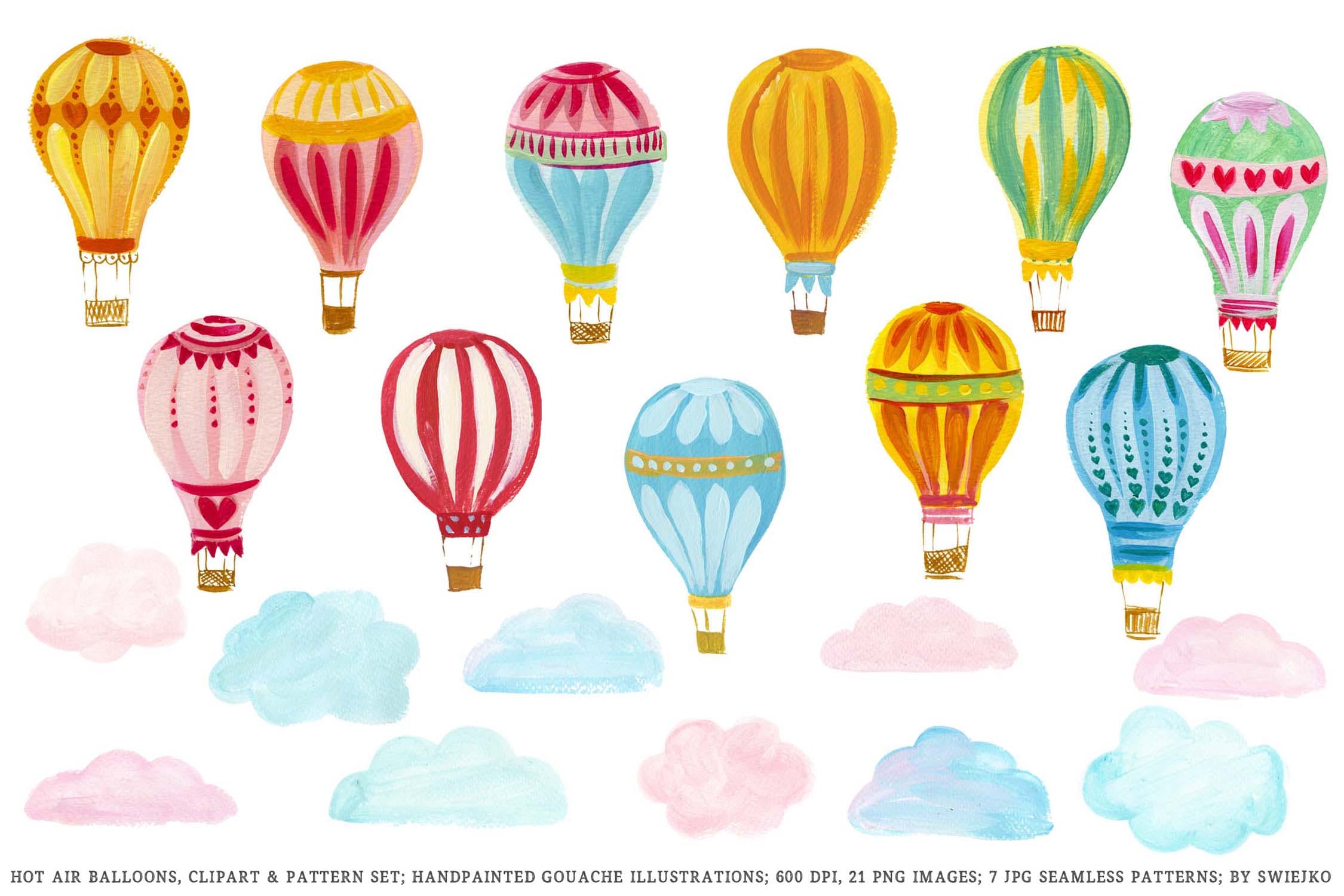 热气球剪贴画和图案集 Hot Air Balloons clipart & pattern set 图片素材 第2张