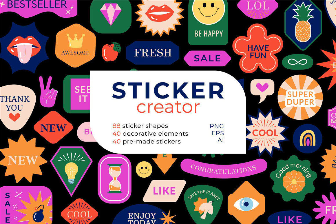 169个复古表情水果标签花卉广告海报横幅制作矢量贴纸元素包 Retro stickers, vector creator . 第1张