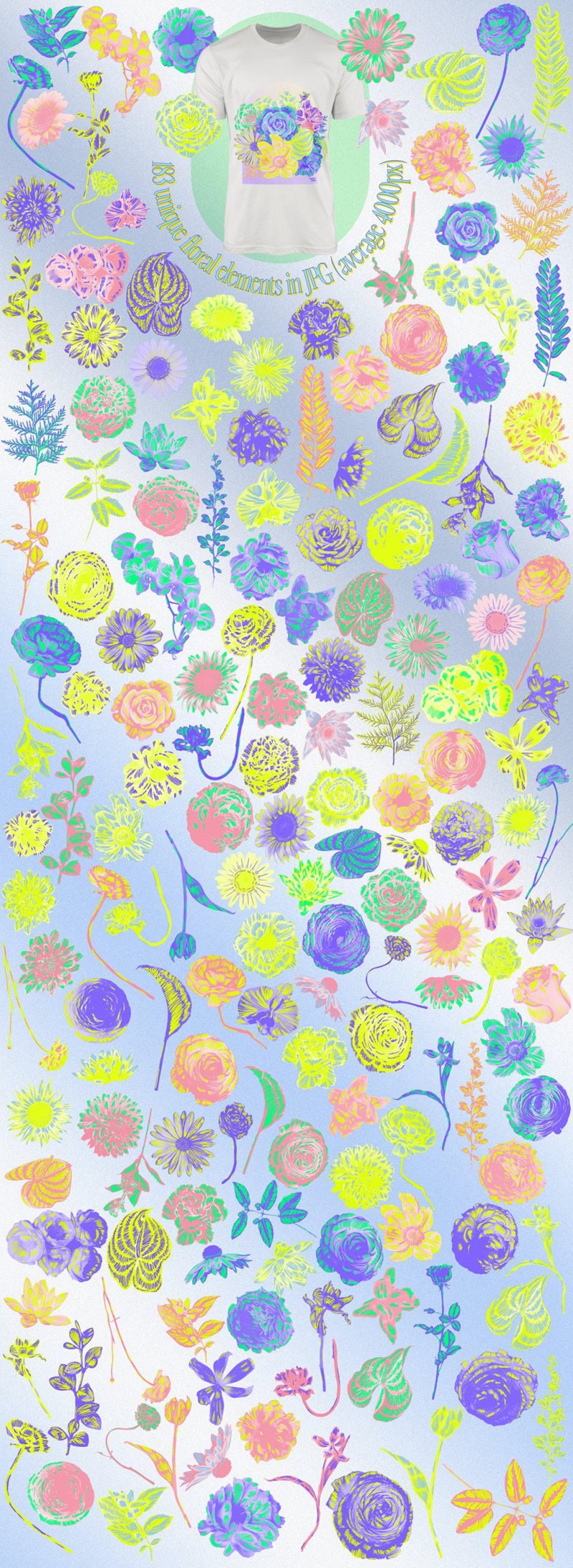 90年代复古霓虹花卉花朵剪贴画拼贴涂鸦PNG元素弥散光渐变背景设计套装 80s Floral Clipart + Bonus . 第10张
