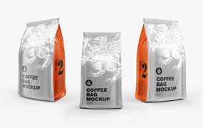 3个箔纸金属咖啡袋包装设计样机图psd模板 Set 3 Metallic Coffee Bags Mockup