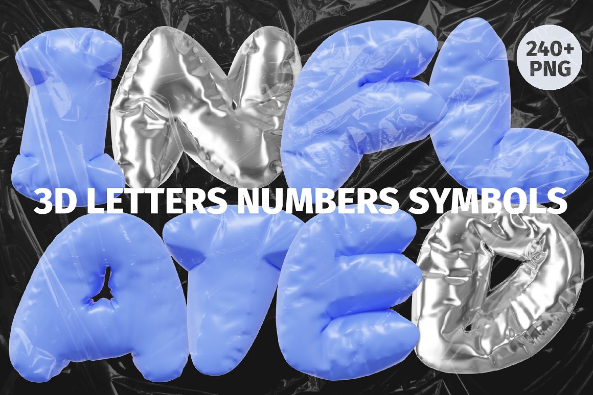 240多个趣味卡通3D渲染Y2K铝箔质感金属气球镀铬英文字母PNG元素设计套装 3D Inflated Type – Letters Numbers . 第1张