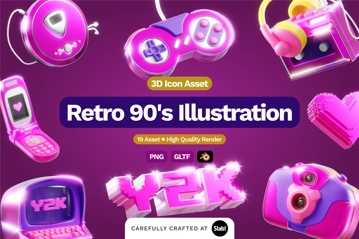 Blender模型：90年代复古粉色Y2K风游戏3D立体插图图标Icons设计素材包 3D Retro 90’s Illustration . 第1张