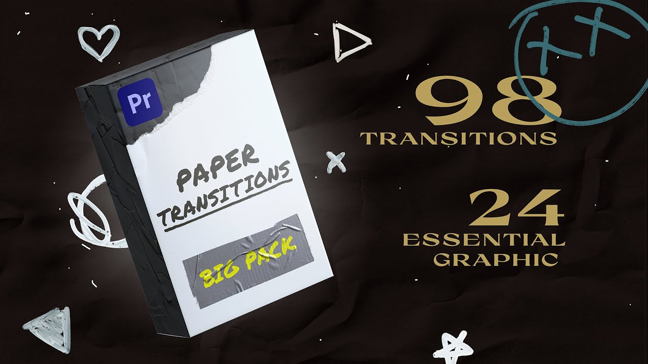 PR模板：98个撕纸褶皱拼贴艺术擦拭定格动画转场过渡包 设计素材 第1张