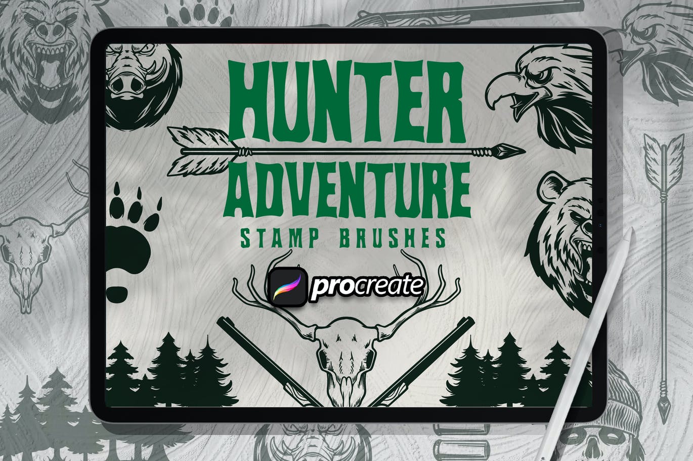 猎人冒险印章Procreate笔刷素材 Wild Nature Hunter Adventure Brush Stamp 笔刷资源 第1张