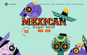 扁平设计骷髅头墨西哥矢量插画集 Pink Flat Design Skull Mexican Illustration Set