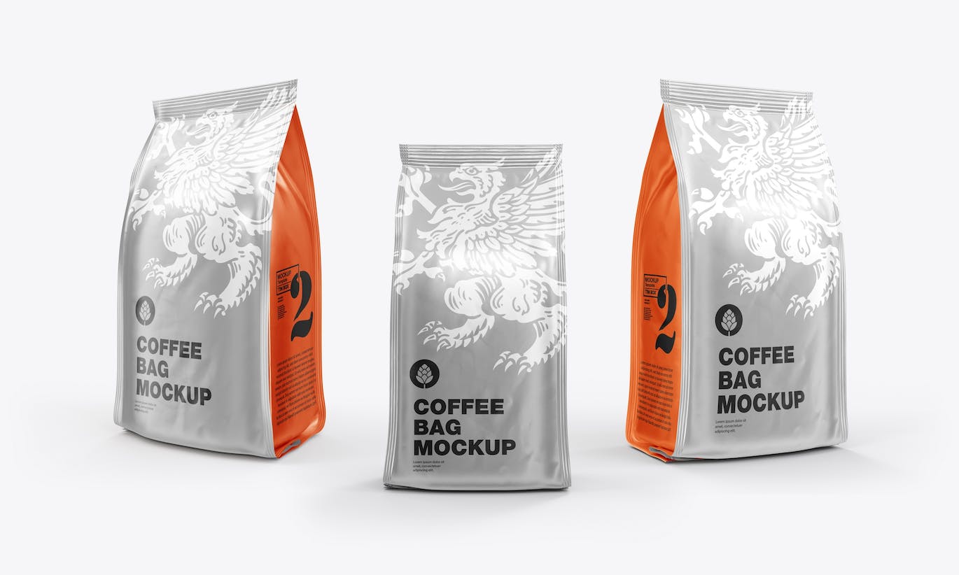 3个箔纸金属咖啡袋包装设计样机图psd模板 Set 3 Metallic Coffee Bags Mockup 样机素材 第3张