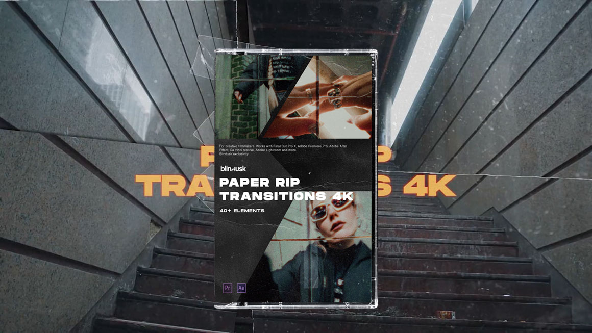 Blindusk 40多个新潮视觉撕纸胶带纸电影烧录燃烧4K转场过渡包 PAPER RIP TRANSITIONS APP UI 第1张