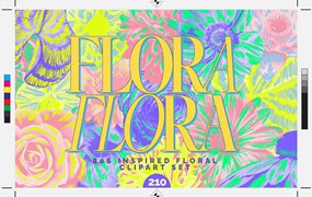 90年代复古霓虹花卉花朵剪贴画拼贴涂鸦PNG元素弥散光渐变背景设计套装 80s Floral Clipart + Bonus