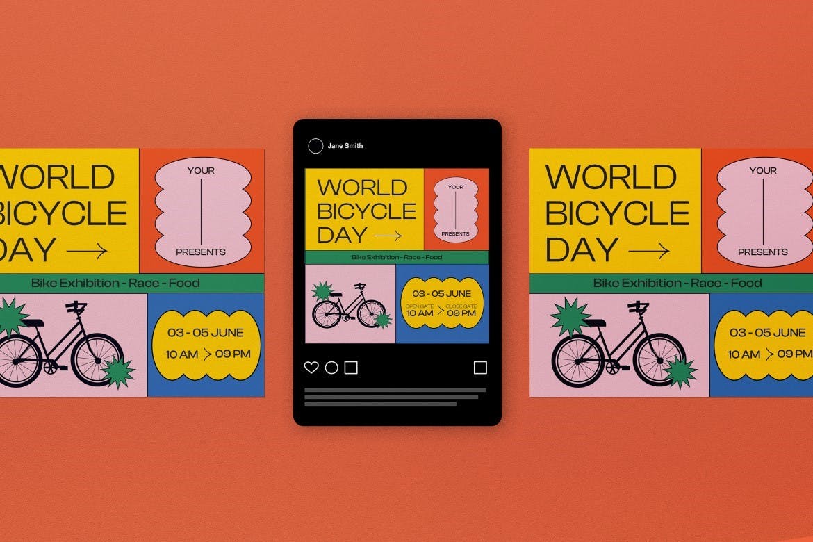 黄色几何图形世界自行车日海报设计模板 Yellow Geometric World Bicycle Day Flyer Set 设计素材 第2张