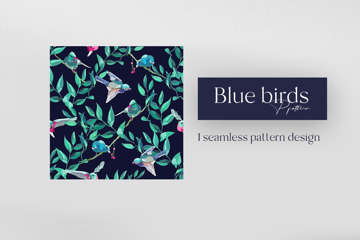 蓝鸟绿叶无缝图案设计素材 Blue Birds Seamless Pattern Design 图片素材 第4张