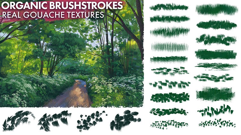 200+水粉植物景观厚涂绘画PS和Procreate笔刷套装 笔刷资源 第4张