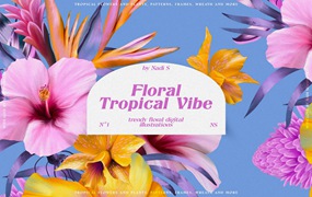 潮流复古宫廷热带花卉植物手绘插画拼贴图案纹样PNG免抠图片素材 Floral Tropical Vibe