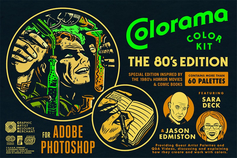 80年代复古恐怖电影漫画书艺术品图形设计调色板 Colorama Color Kit - 80's Edition (Photoshop) . 第1张