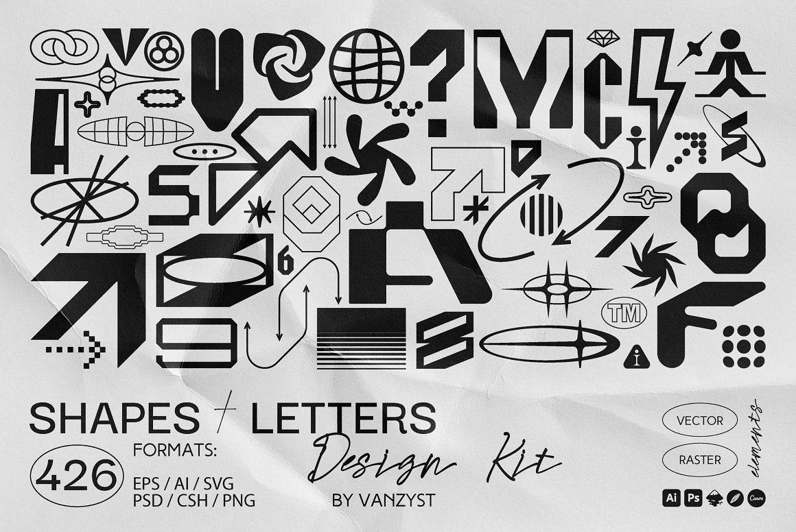 426个街头抽象赛博机能艺术实验性字母形状AI矢量数字现代排版印花设计套装 426 Shapes Letters Numbers Kit by Vanzyst . 第1张