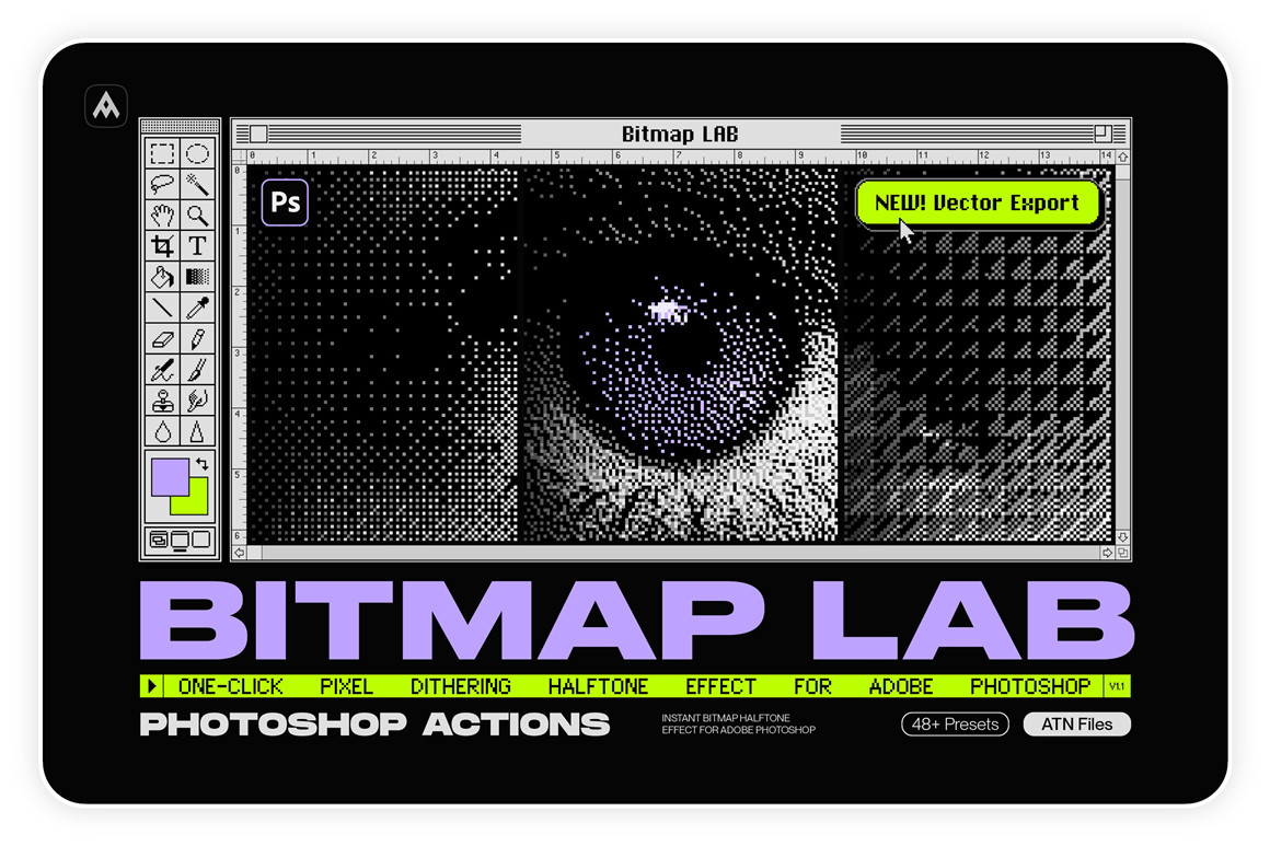 新潮复古像素美感8位半色调抖动毛刺像素化显示效果PS动作 Samolevsky – Bitmap LAB – pixel halftone action . 第1张