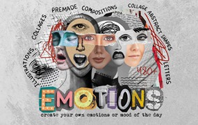 超现实主义艺术抽象人物五官表情情绪字母撕纸剪贴画剪报拼贴PNG设计套装 Emotions. Collage & Illustrations
