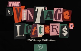 250个高清复古老式数字字母剪贴画拼贴画PNG免抠图设计素材包 Vintage Letters