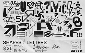 426个街头抽象赛博机能艺术实验性字母形状AI矢量数字现代排版印花设计套装 426 Shapes Letters Numbers Kit by Vanzyst