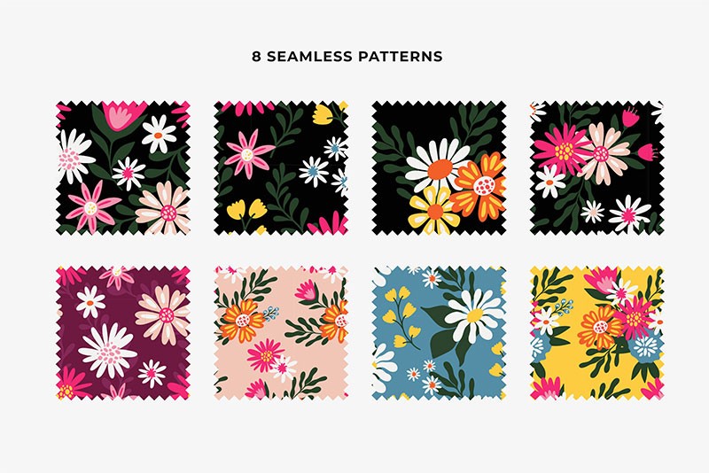 50+扁平风花卉无缝背景图案，AI PNG格式 图片素材 第4张