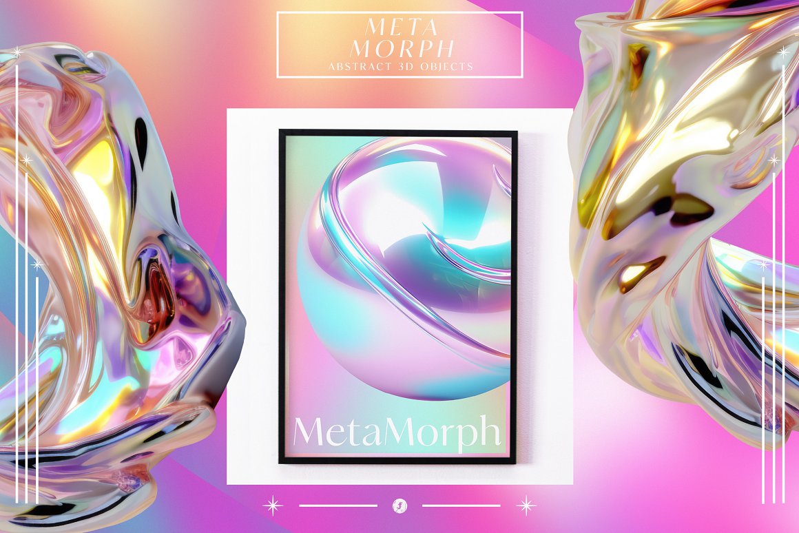 全息3D未来立体金属镀铬抽象几何渐变虹彩背景图片设计素材 MetaMorph Abstract 3D Objects . 第9张