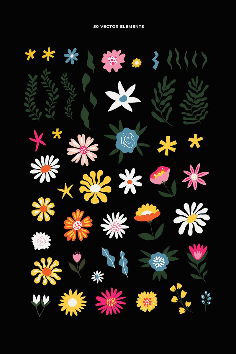 50+扁平风花卉无缝背景图案，AI PNG格式 图片素材 第2张