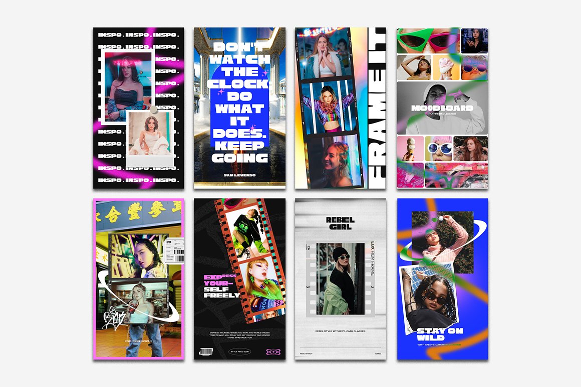 27款街头复古潮流Y2K酸性胶片帧INS竖屏公众号小红书推文排版设计PSD模板 Pop Rebellicious – Instagram Story . 第4张