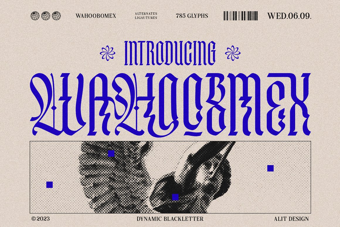 新潮酸性中世纪哥特式海报杂志排版电音专辑封面标题设计英文字体 Wahoobomex Dynamic Blackletter . 第1张