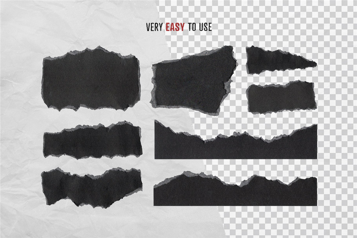垃圾美学黑色撕纸毛边效果纸张纹理PNG免抠背景图片设计素材 Black Torn Paper Texture Pack . 第3张