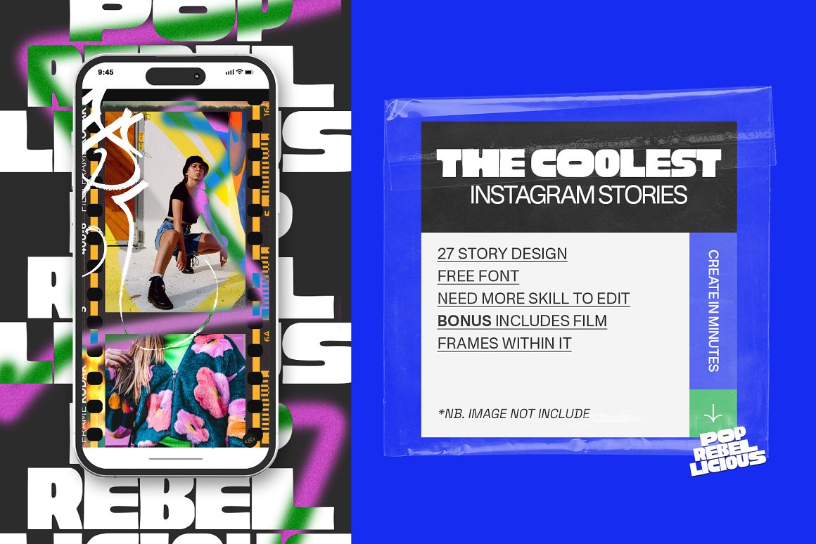 27款街头复古潮流Y2K酸性胶片帧INS竖屏公众号小红书推文排版设计PSD模板 Pop Rebellicious – Instagram Story . 第2张