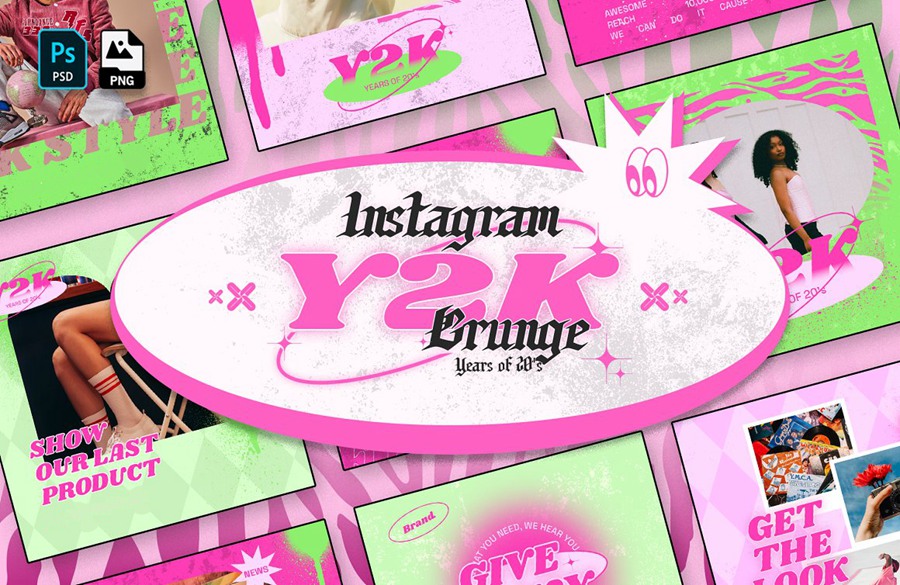 24款趣味Y2K复古粉色90年代流行街头配色服装潮牌社交APP推广电商详情长图主图海报排版设计PSD模板套装 Y2K Grunge Instagram Template . 第1张