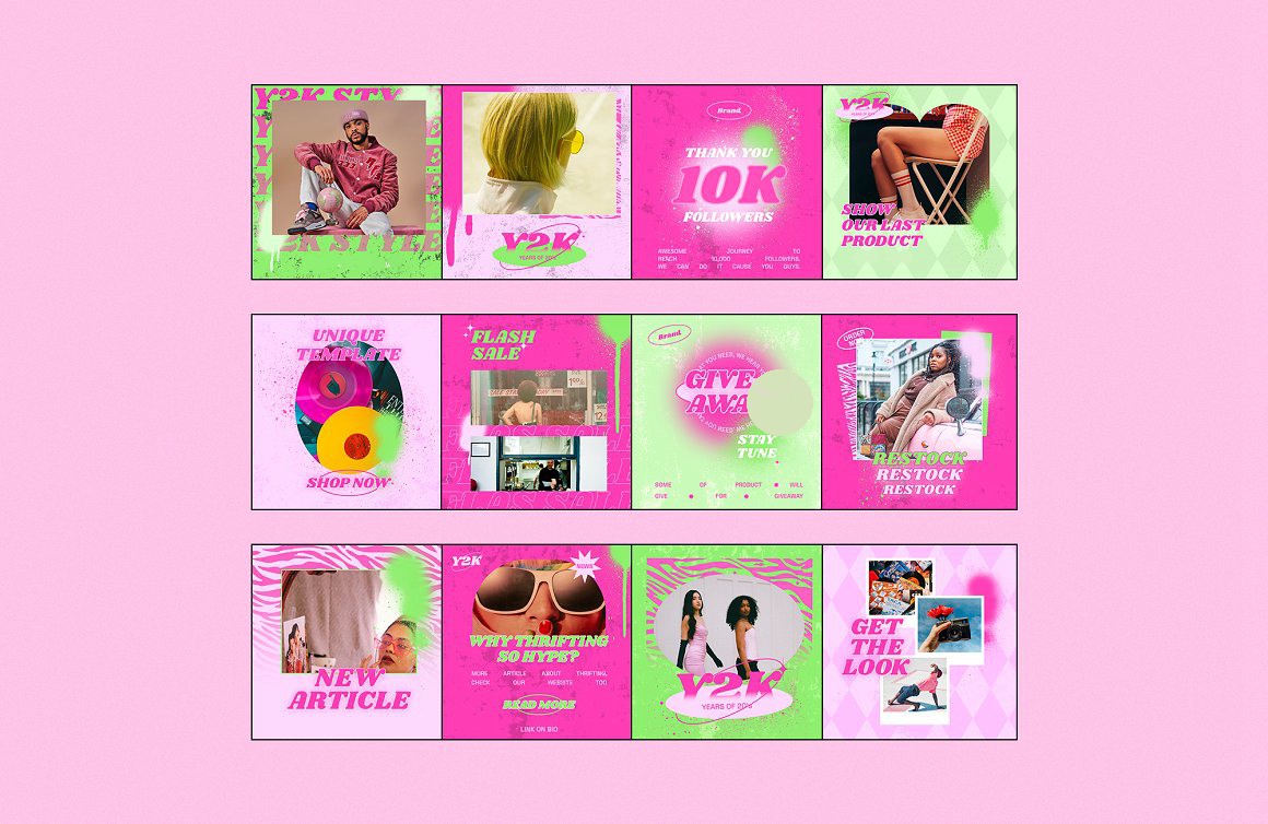 24款趣味Y2K复古粉色90年代流行街头配色服装潮牌社交APP推广电商详情长图主图海报排版设计PSD模板套装 Y2K Grunge Instagram Template . 第5张