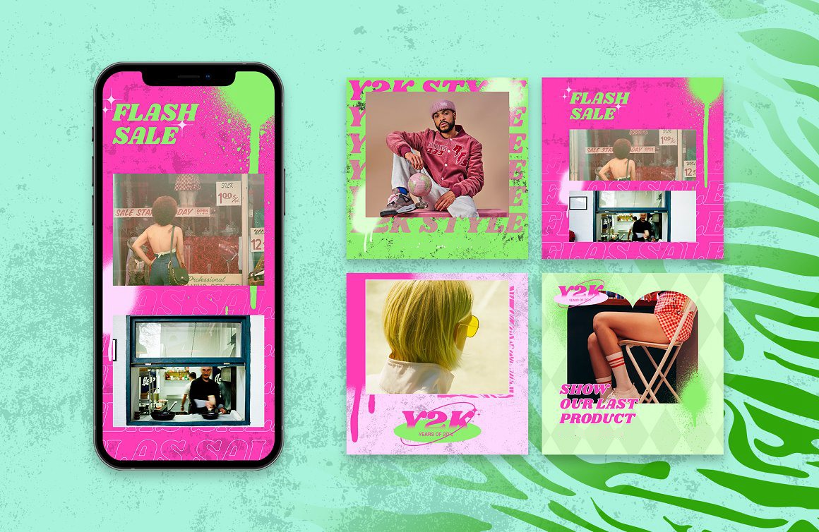 24款趣味Y2K复古粉色90年代流行街头配色服装潮牌社交APP推广电商详情长图主图海报排版设计PSD模板套装 Y2K Grunge Instagram Template . 第9张