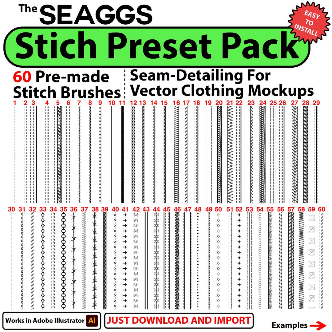60个潮流服装设计手绘矢量模型预制针迹预设 Seaggs Vector Stitch Presets . 第1张