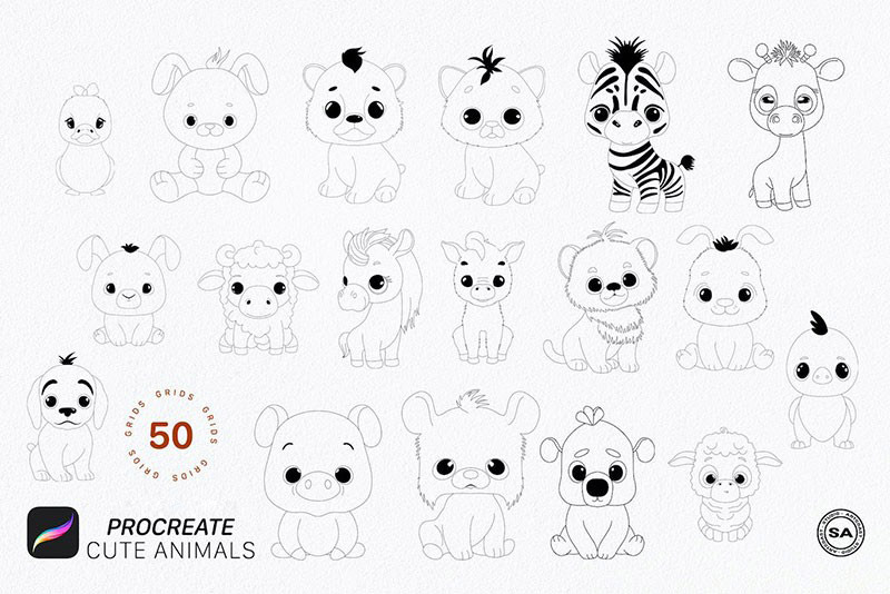 50个动物卡通线描画Procreate笔刷 笔刷资源 第5张