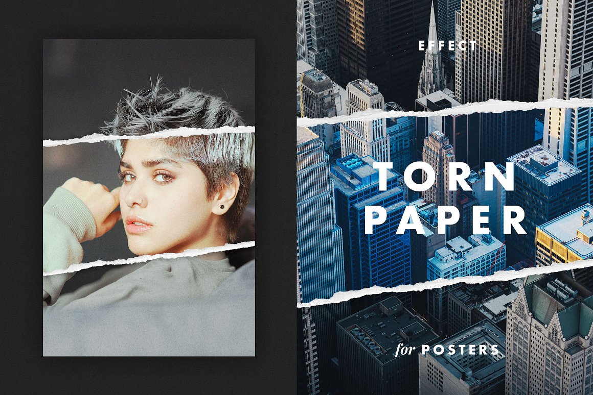 新潮手工拼贴画撕裂纸张海报效果PSD样机模板 Torn-Paper-Effect-for-Posters 样机素材 第1张