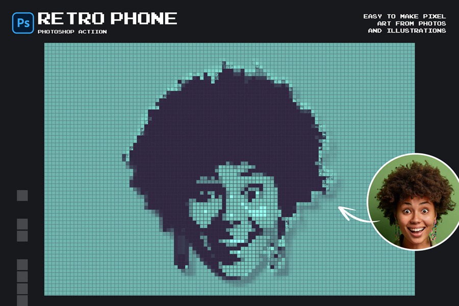 复古像素风LOGO头像艺术诺基亚旧手机绿橙蓝网格叠加效果PS动作 Retro Phone Photoshop Action 插件预设 第4张