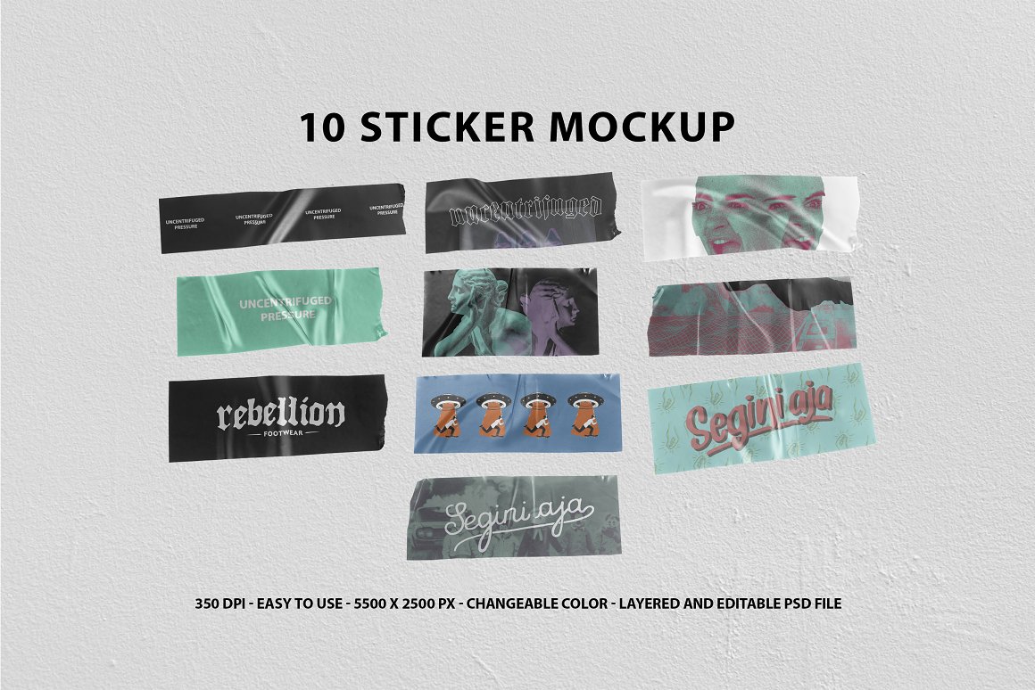 10个高分辨率艺术美学手工剪切做旧贴纸PSD样机 10 Realistic Sticker Mockup 样机素材 第1张