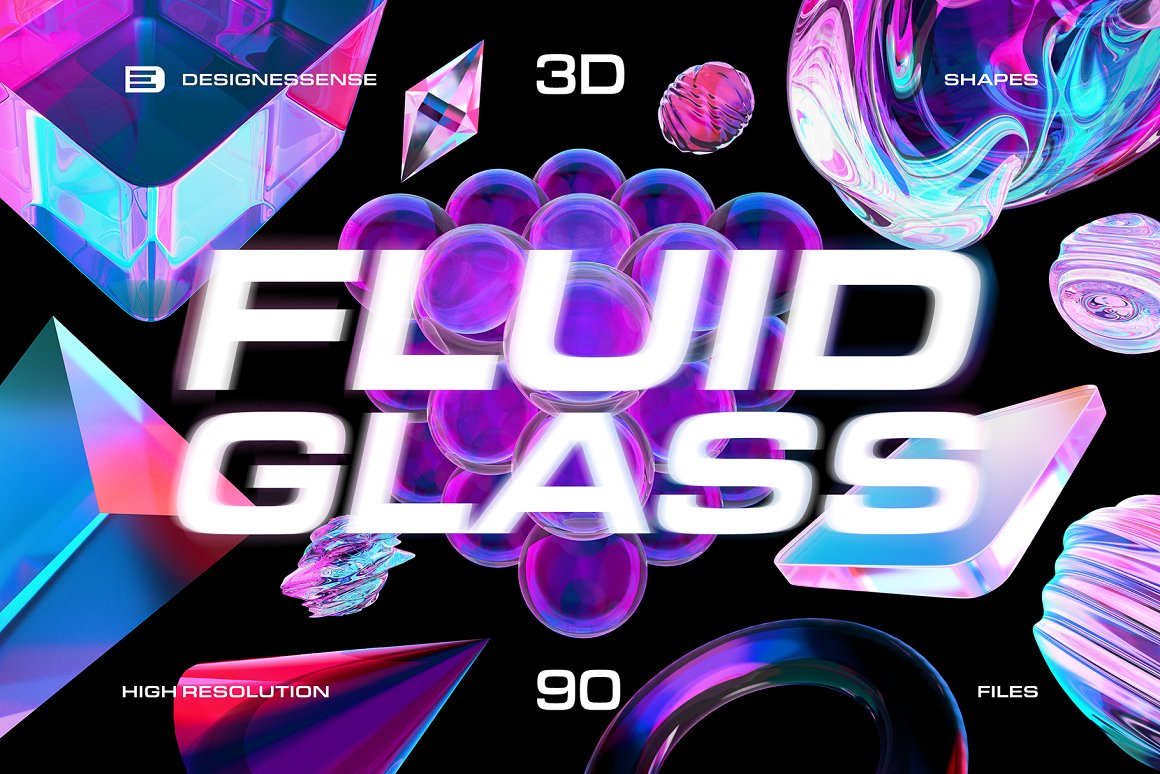 90款全息渐变透明多彩玻璃水晶抽象艺术3D流体几何PNG免抠图设计素材 Fluid Glass 3D Shapes . 第1张
