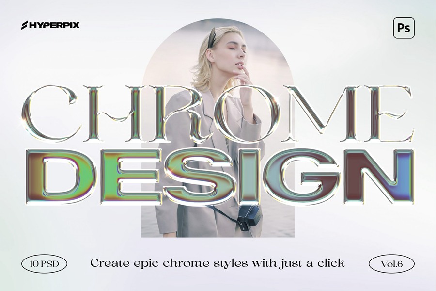 高质量抽象艺术酸性金属镀铬风格文本标志设计包PS图层样式 Hyperpix Chrome Text Effects Vol.6 插件预设 第1张