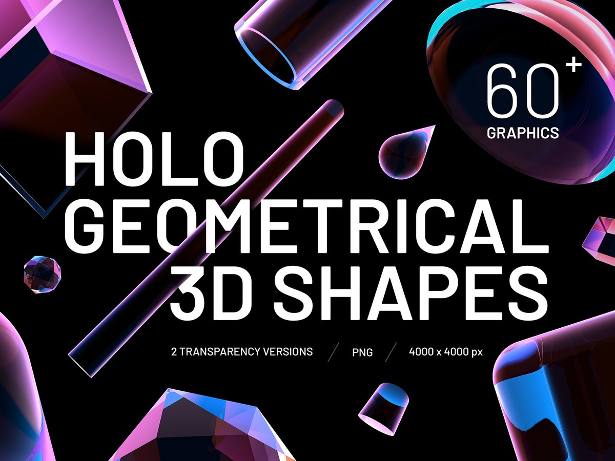 134个高质量创意大胆全息透明几何3D形状PNG素材 Holo Geometrical 3D Shapes Collection 图片素材 第1张