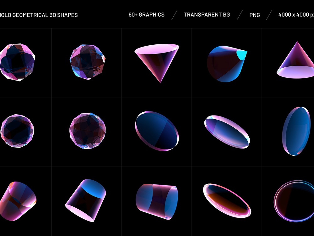 134个高质量创意大胆全息透明几何3D形状PNG素材 Holo Geometrical 3D Shapes Collection 图片素材 第4张
